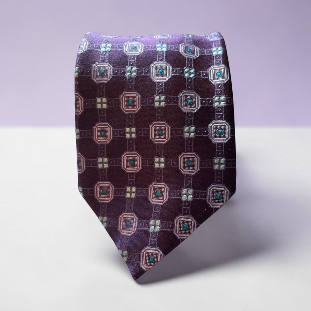 Canali Silk Necktie Mens One Size Purple Geometric Medallion Made in Italy